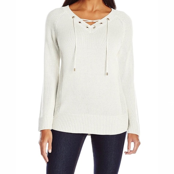 Calvin Klein Ivory Lace Up Sweater - Picture 1 of 13